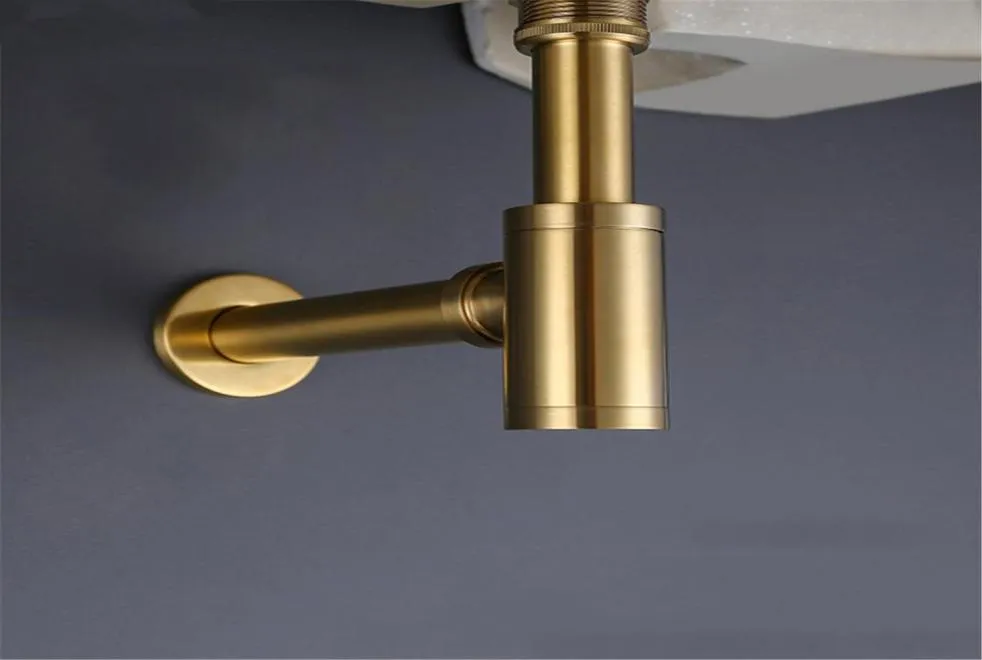 Brass Bathroom Basin Bottle Trap Brushed Gold P Trap with Unslotted Pop Up Drain Slotted Strainer6948145