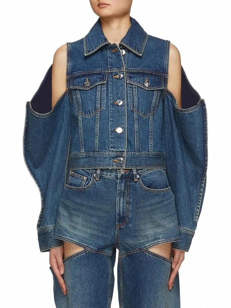 chicever sólido oco para fora denim casacos para mulheres lapela lg manga retalhos único breasted streetwear jaquetas vintage feminino s0aA #