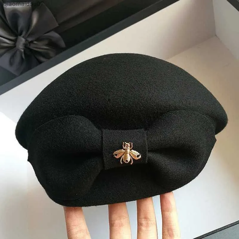 Newsboy Hats Bowtie Beret Autumn Wool Modna top hat damska ciepła kapelusz marka designerka metalowa pszczoła czarna kapelusz damski 2021 prezentl2403