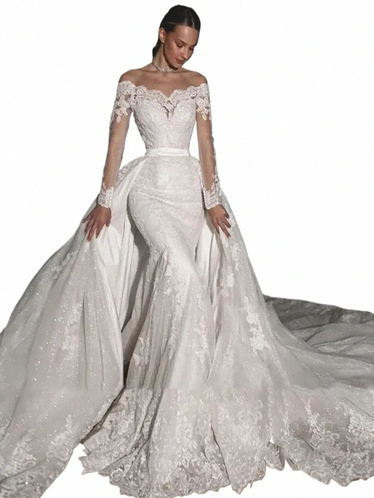 Abito da sposa di lusso con scollo a barca a sirena in pizzo Dres con applicazioni di perline maniche Lg Abiti da sposa con strascico staccabile Vestido De Novia 09hq #