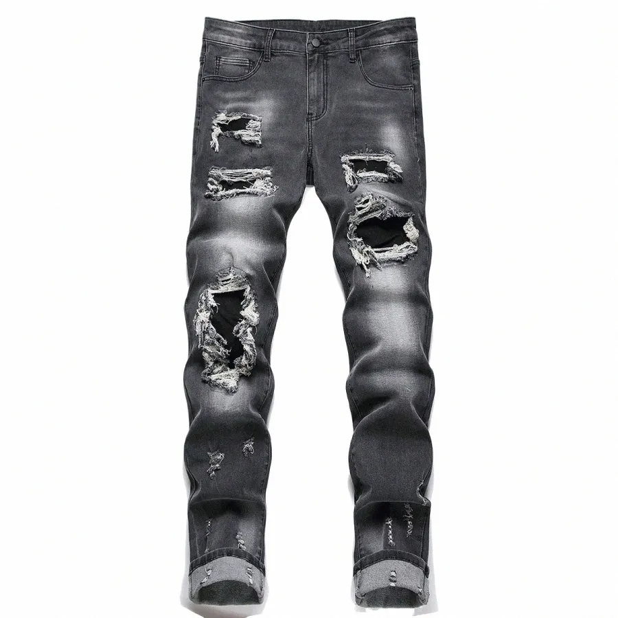 men Biker Jeans Streetwear Paisley Bandana Print Patch Stretch Denim Pants Patchwork Holes Ripped Slim Straight Black Trousers 21TB#