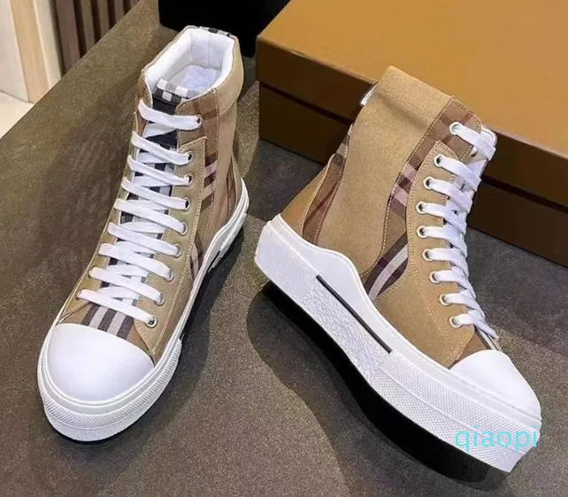 2024 Designer Sapatos Casuais Marca de Luxo Homens e Mulheres High Top Lace-up Sneakers Tecido Clássico Xadrez Patchwork Sola Confortável Ao Ar Livre Moda Flats