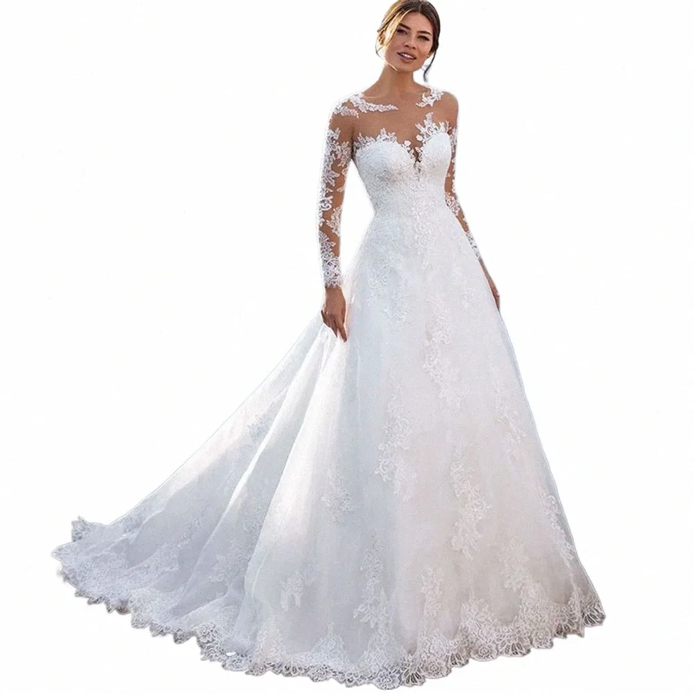 Jeheth Elegant A-Line Wedding Dres for Women LG Lace Sleeves Bridal Gown Illusi Tulle Vestidos de Novia n1kr＃