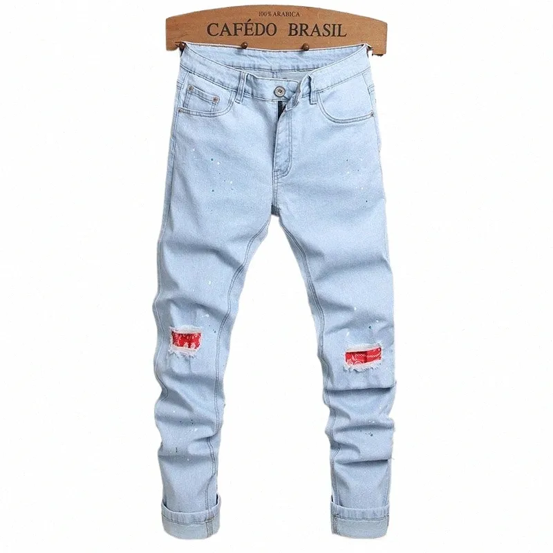 Ripped Skinny Jeans for Men: Light Blue Denim Pants, Stretch Fit