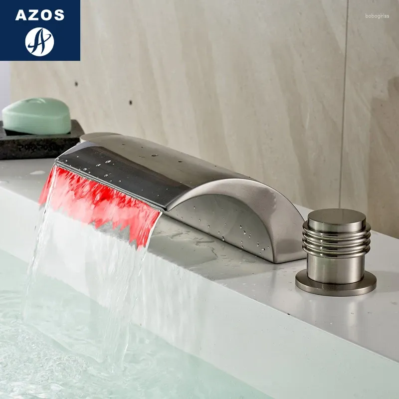 Смесители для раковины в ванной комнате Azos Split FaucetDiscoloration Водопад Латунь Никель Матовый Холодный и переключатель контроля температуры Светодиодная кухня Ниже