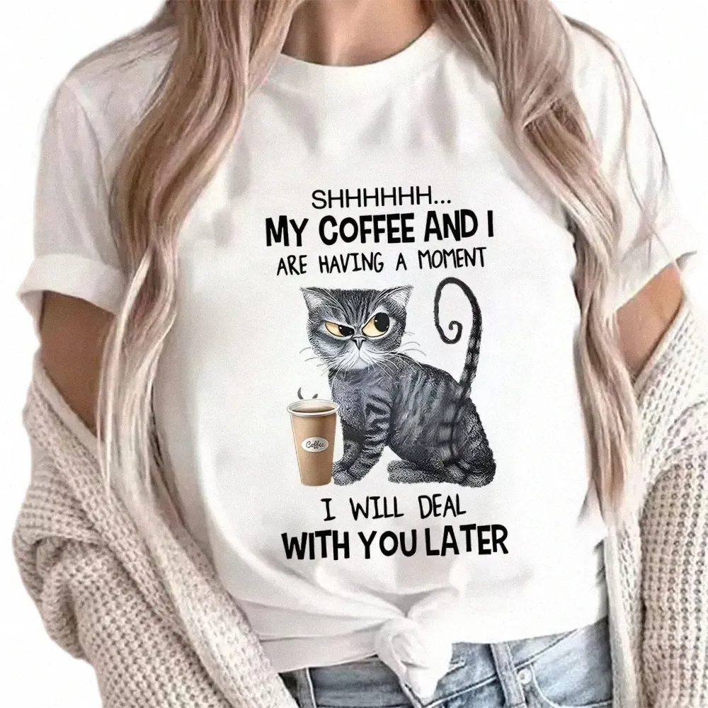 coffee Cat Print Women Clothes Angry Cat Lover Female Tops Tee Tshirt Fi Anime Carto Tees Ladies Graphic T-Shirt Y2k Tops P3pP#