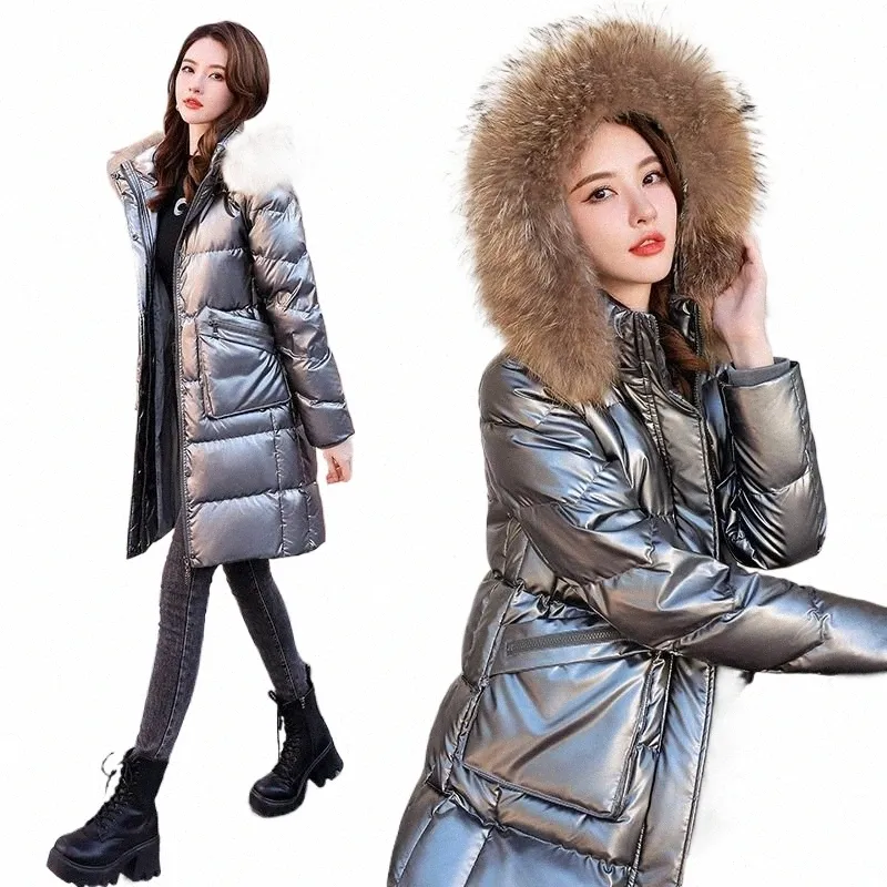 2023 Neue Winter-Fi-Pelz-Kragen-helles Gesicht nach unten Mantel Frauen mittlere Länge Daunenjacke Knie verdickte warme Cott-Mantel S9mo #