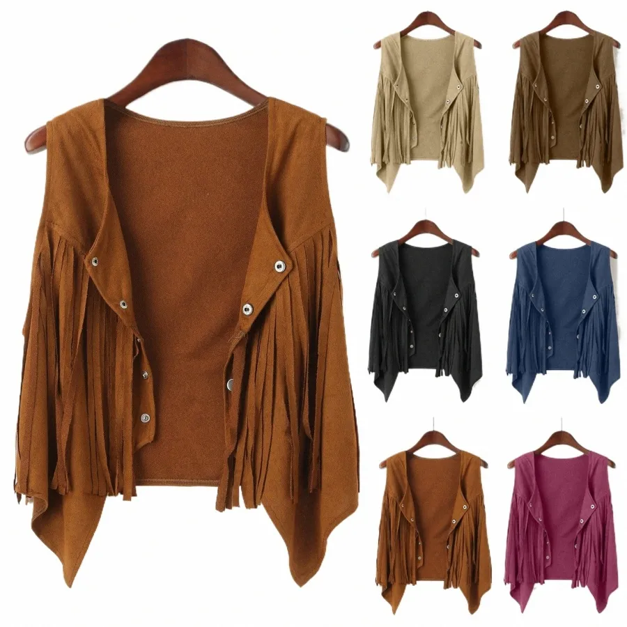 Fringe Vest Femmes Cuir Daim Gilet Glands Vintage Western Country Cowgirl Gilet Cardigan Gilet Gothique Manteau Court Vestes E1bc #