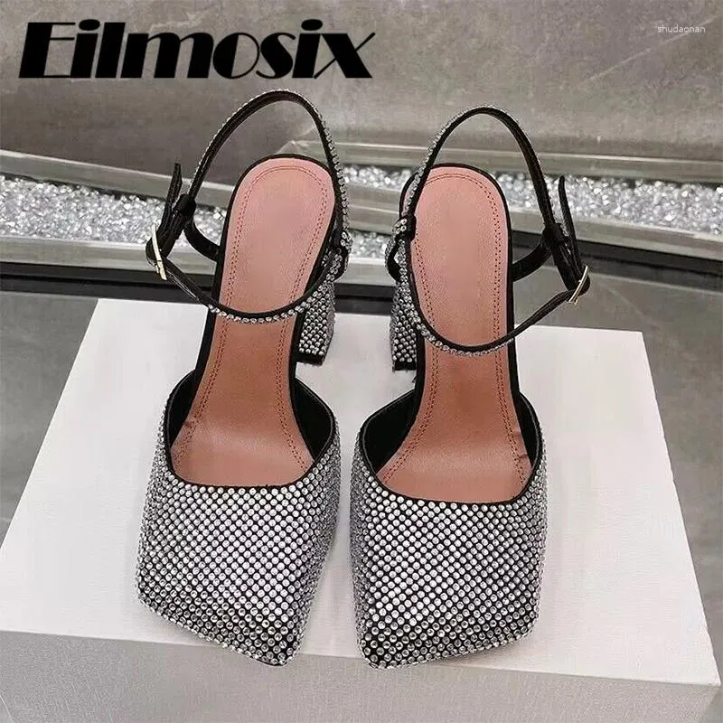 Dress Shoes Rhinestone Shallow Chunky Heels Women 2024 Square Toe Sexy Mary Jane Gladiator Closed Crystal