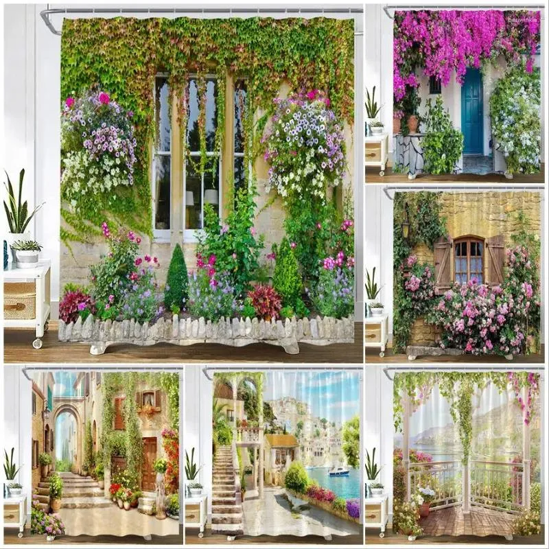 Rideaux de douche Plantes Fleurs Paysage Vintage Rue européenne Paysage Jardin Tenture murale Polyester Salle de bain Décor avec crochets