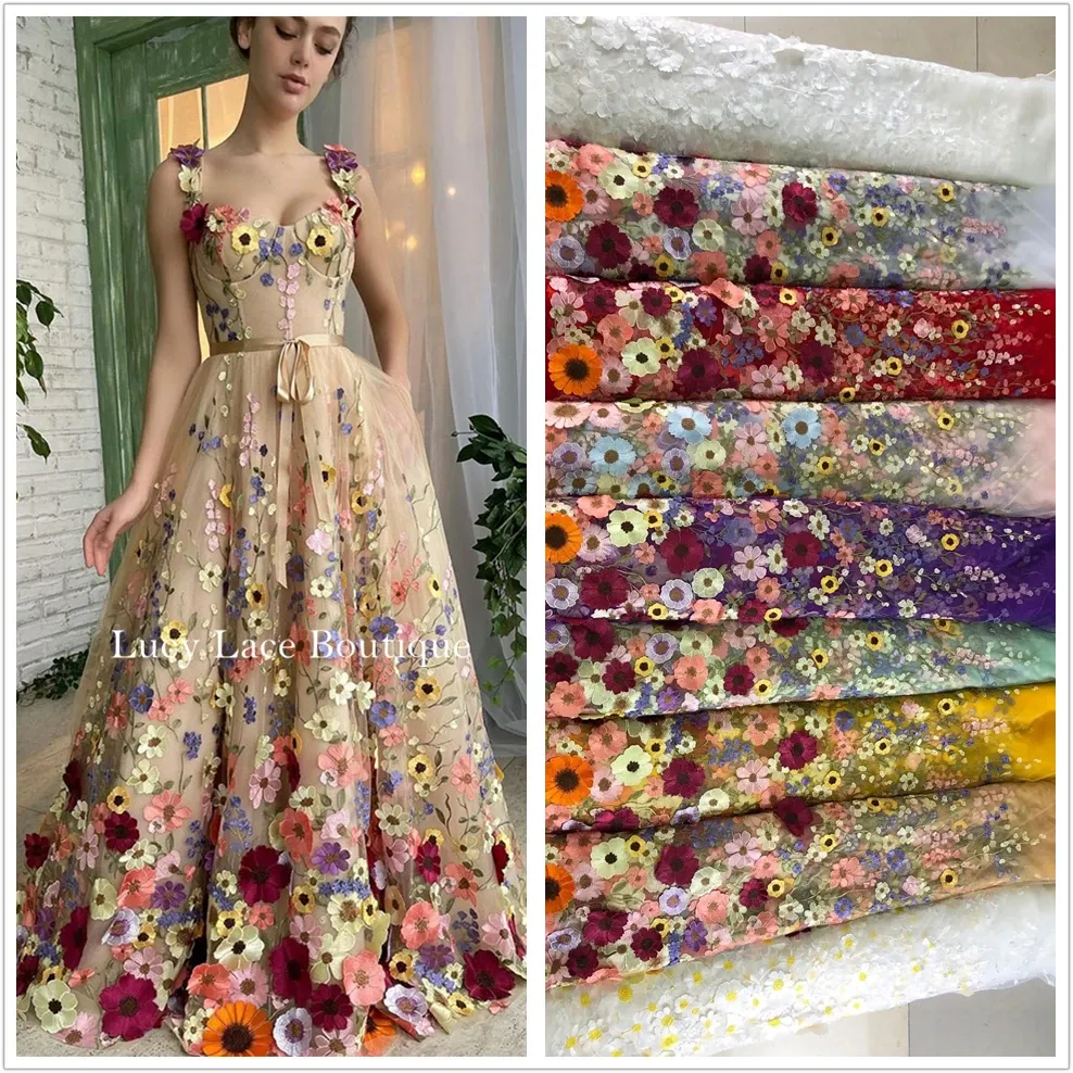 Tyg Luxury 2D Appliced ​​Flowers Lace Fabric Multicolored Dress Lace Material Partihandel 2022 Gratis frakt