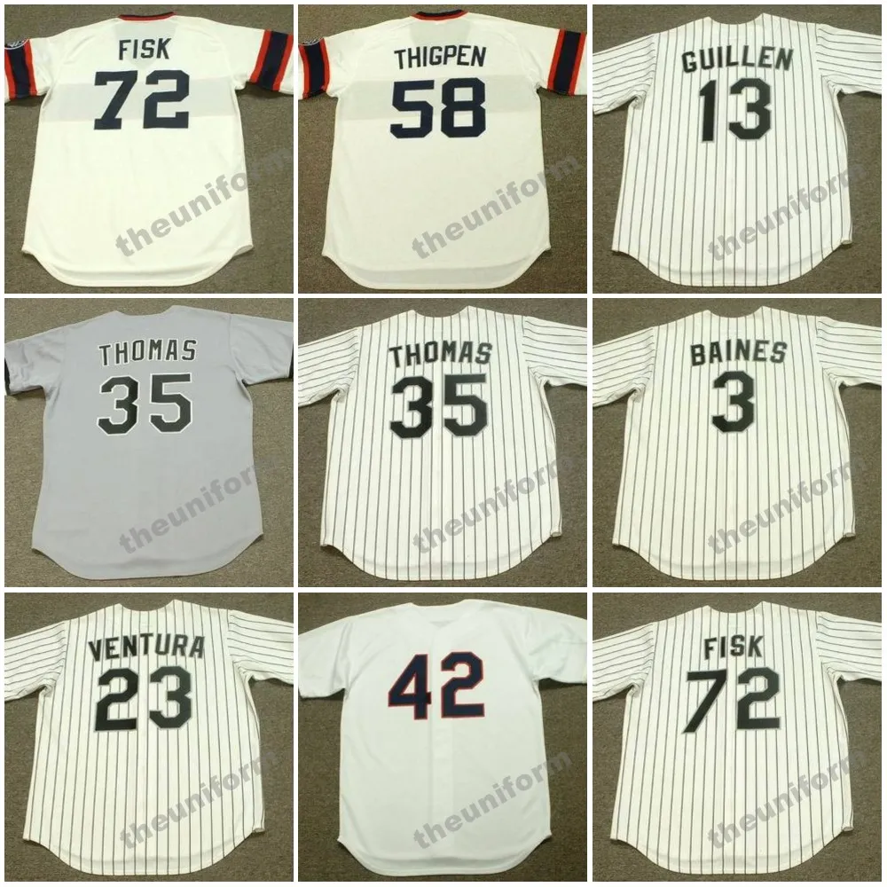 Men's 1970's-1996's Chicago RICH GOSSAGE BOBBY THIGPEN CARLTON FISK FRANK THOMAS HAROLD BAINES OZZIE GUILLEN ROBIN VENTURA RON KITTLE Throwback Baseball Jersey S-5XL