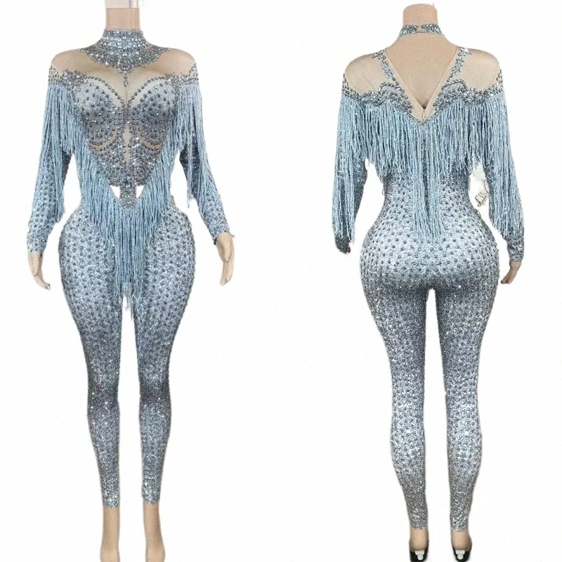 Full Rhinestes fransad panel Jumpsuit Rompers Women Gogo Dance Costume Nightclub Rave Outfit Stage Performance Wear XS4749 Q6GG#