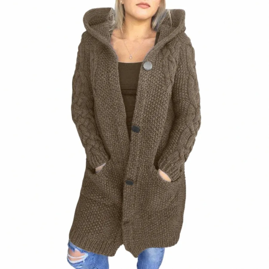 Осенне-зимнее женское теплое пальто-свитер LG 2023 Fi Женское утолщенное пальто среднего размера с капюшоном Женский вязаный кардиган x2fG #