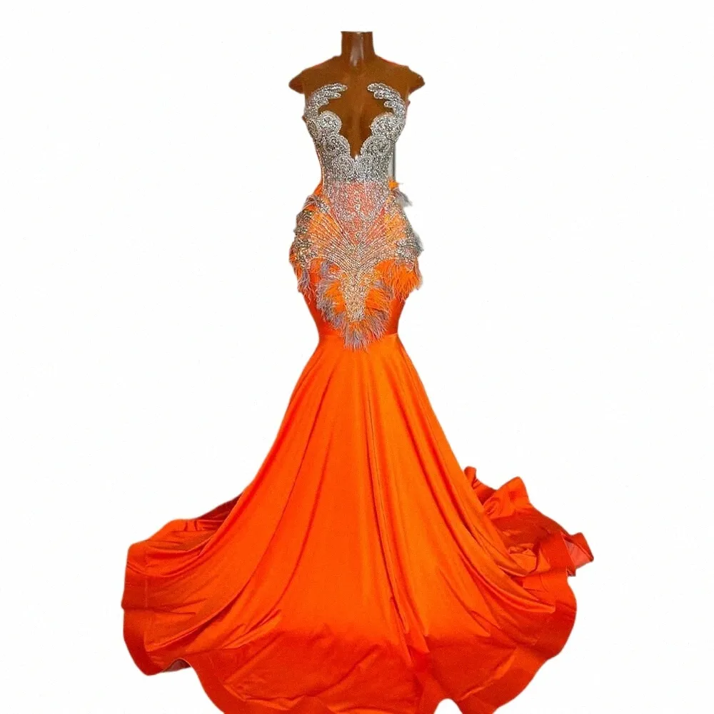 Оранжевая оборудованная русалка PROM DR 2024 Sier Beaded Clyeste African Black Girls Satin Luxury Prom Gala Gowns Robe de Bal 604n##