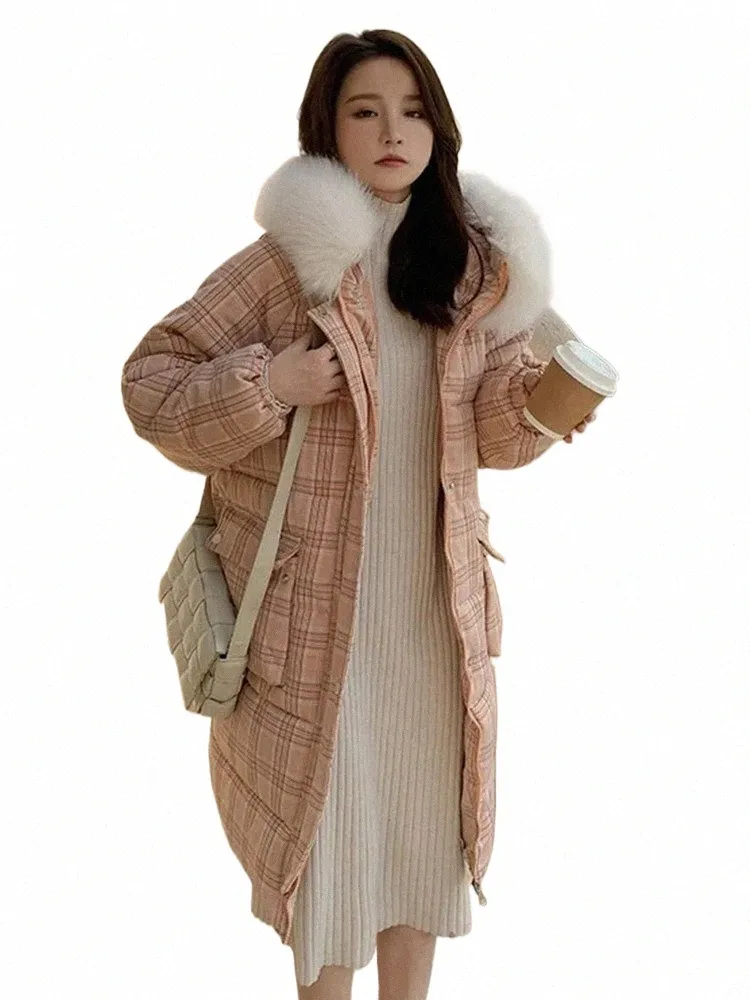 korean Y2k Pink Plaid Parkas Jacket Warm Baggy Down Cott Padded Chamarras Winter Vintage Midi Length Casual Casacos New N6tw#