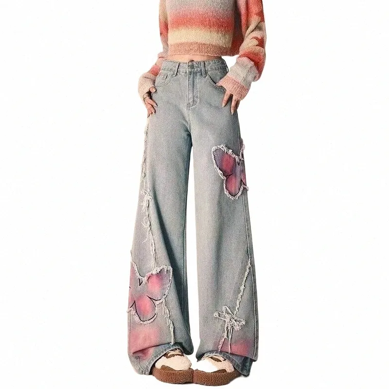coreano Vintage Y2K gamba larga pantaloni larghi del denim Fi pantaloni casual a vita alta da donna stampa farfalla blu jeans dritti s4HX #