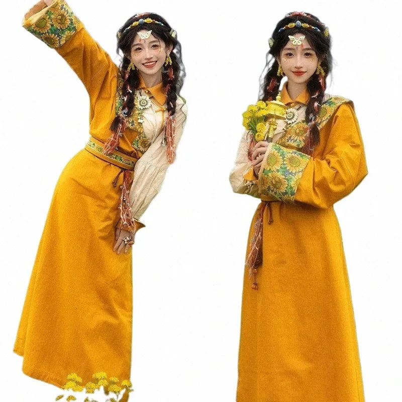 Nuevo estilo tibetano Mujeres Túnica amarilla Ropa Viaje Disparar Foto de pastizales étnicos Z4fw #