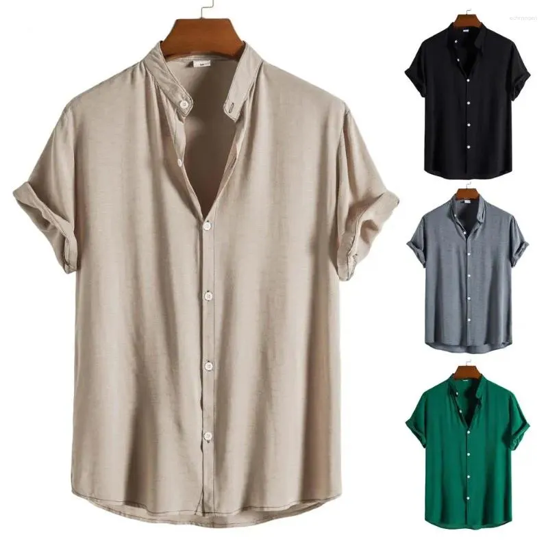 Men's Casual Shirts Men Shirt Solid Color Single-breasted Stand Collar Summer Simple Short Sleeve Top For Daily Wear