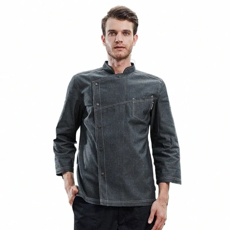 2020 grossist denim tyg kock jacka bageri kock klädkock kappa unisex restaurang uniform lg ärmar restaurang enhetlig p4wh#