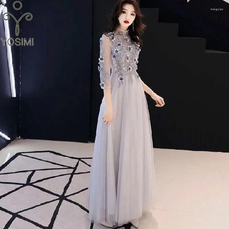 Casual Dresses YOSIMI-Light Gray Mesh Flower Embroidery Full Dress For Women A-line Ball Gown Stand Neck Wedding Birthday Party