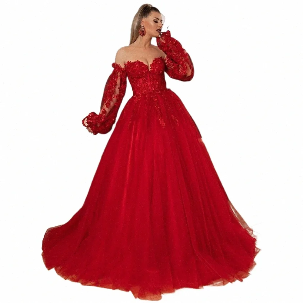 lorie Red Evening Dres Formal Lg Sleeve Off the Shoulder Lace Appliques Prom Gowns Plus Size Back Lacing Princ Dr K1HE#