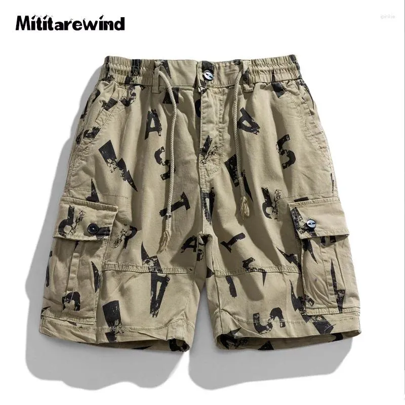 Shorts masculinos verão americano casual impresso carga curto homens cintura elástica cordão na altura do joelho multi-bolsos calças esportivas masculinas