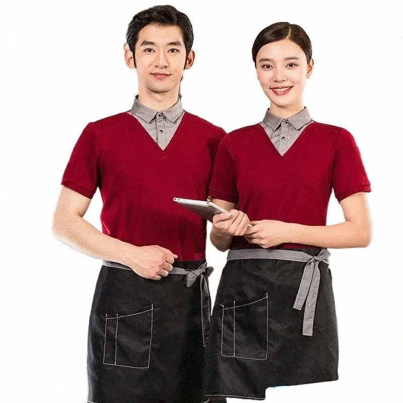 Hôtel Uniforme Milk Tea Shop Fast Food Restaurant Serveur Faux Vêtements de travail en deux pièces T-shirt à revers à manches courtes Top Imprimer et Emb C9Kg #