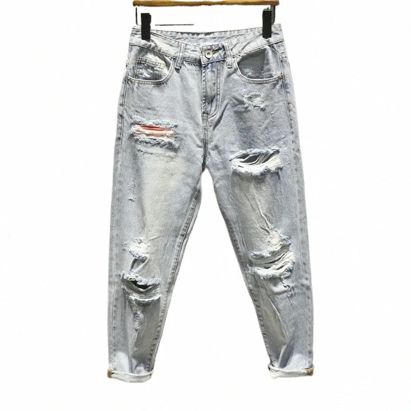 Pantaloni larghi in denim a nove punti larghi con foro grande da uomo Jeans larghi per uomo Y2k Streetwear G8Tu #