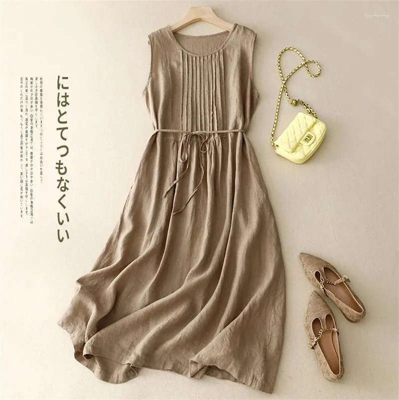 Casual Dresses Limiguyue Pleated Cotton Linen Summer Dress Women Sleeveless A-Line Vintage Literary Midi Breathable Large U590