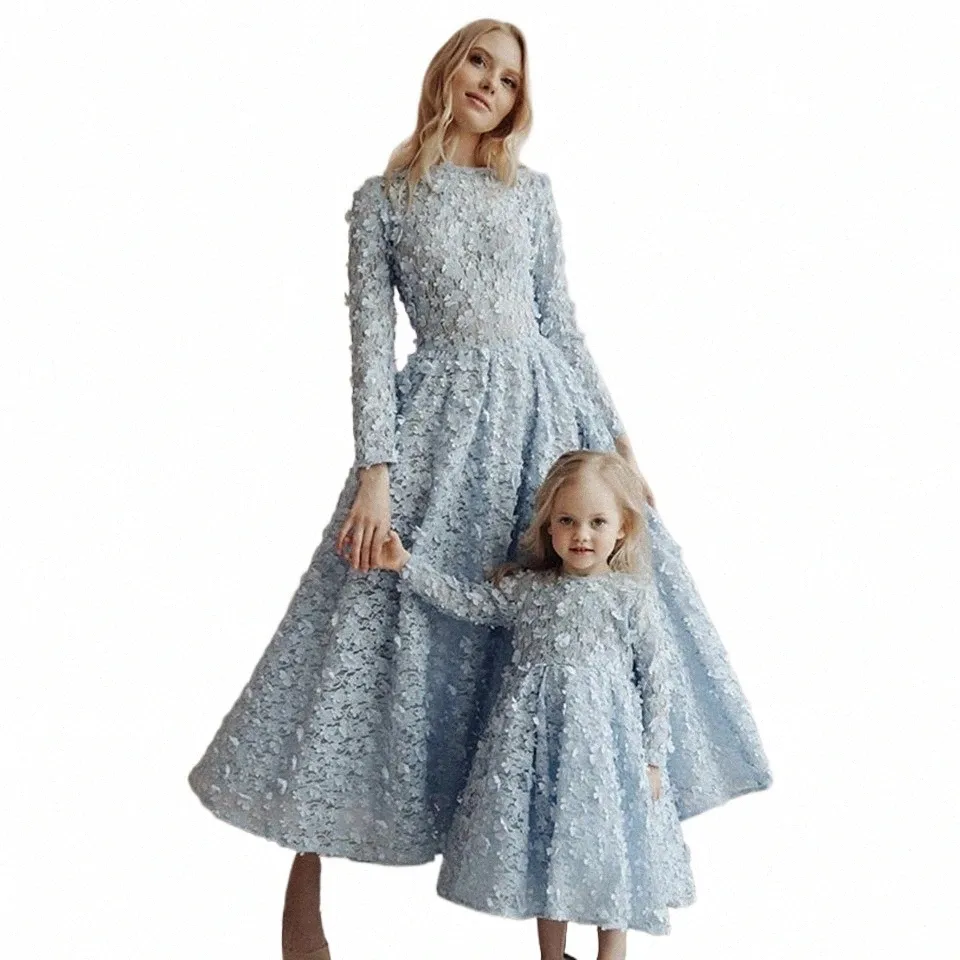 Robes de bal bleu ciel pour mère et fille, robes de soirée musulmanes à manches LG, avec des appliques formelles, tenue de soirée, 2022 i4PG #