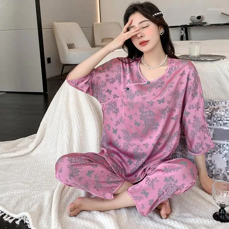 여성용 잠자기 2 조각 Rayon Pajamas Suit 중국 스타일 잠옷 고향 여성 인쇄 나이트웨어 캐주얼 봄 파이 자마 수면 세트
