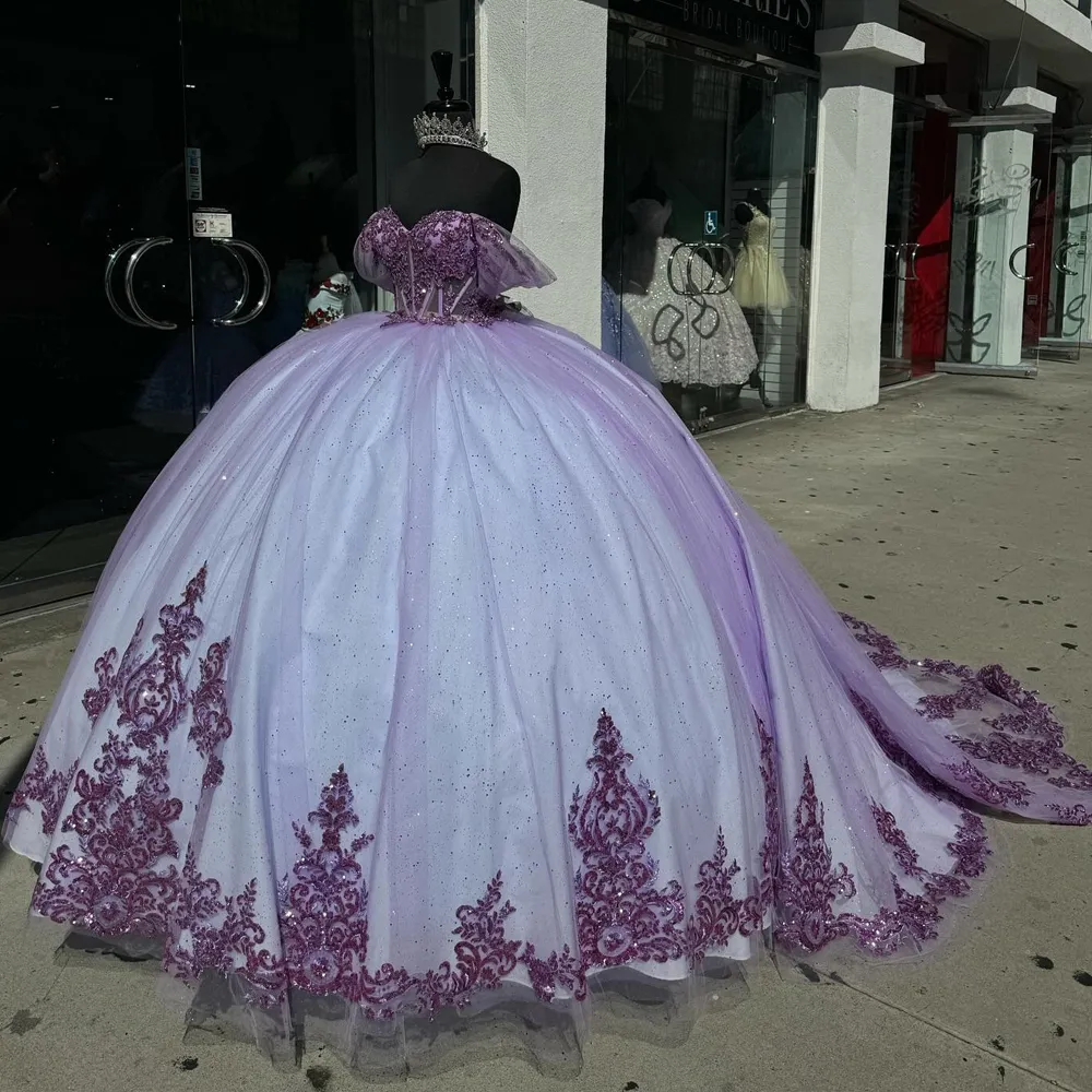 Nouvelle Arrivée Aso Ebi Perles Perles Appliques Violet Quinceanera Robes Unique Train Hors Épaule Chérie Robe De Bal Soirée Fête Pageant Robes D'anniversaire Robe