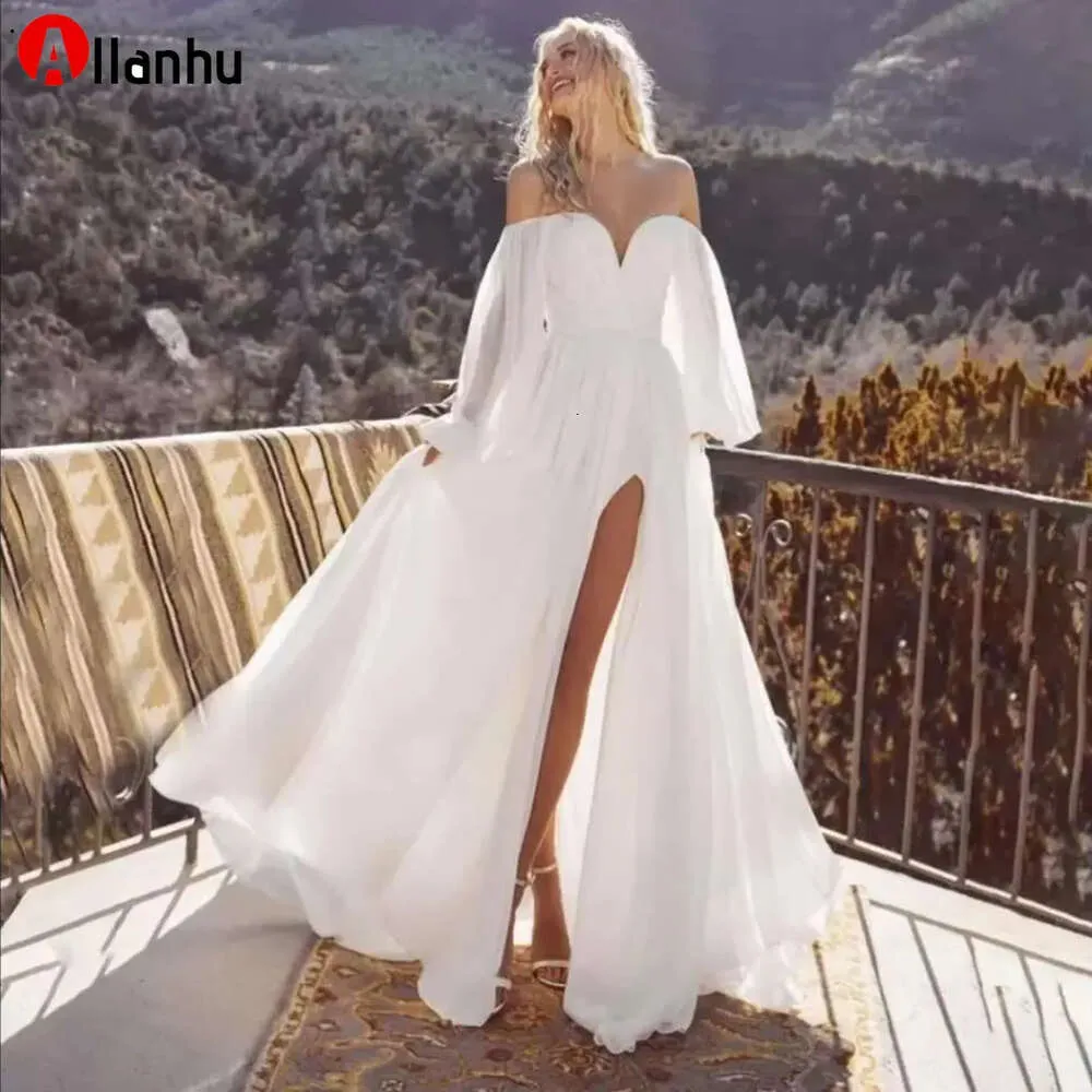 Charmig plus -storlek enkel bohemisk chiffon boho bröllopsklänning brudklänningar från axel framdelad puff ärms älskling formella klänningar äktenskap äktenskap