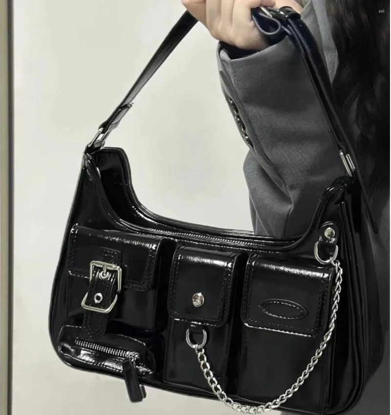 DHgate Black Patent Gothic Moto Biker Shoulder Bags for Women Casual Daily Coin Purse Bags Luggage Accessories