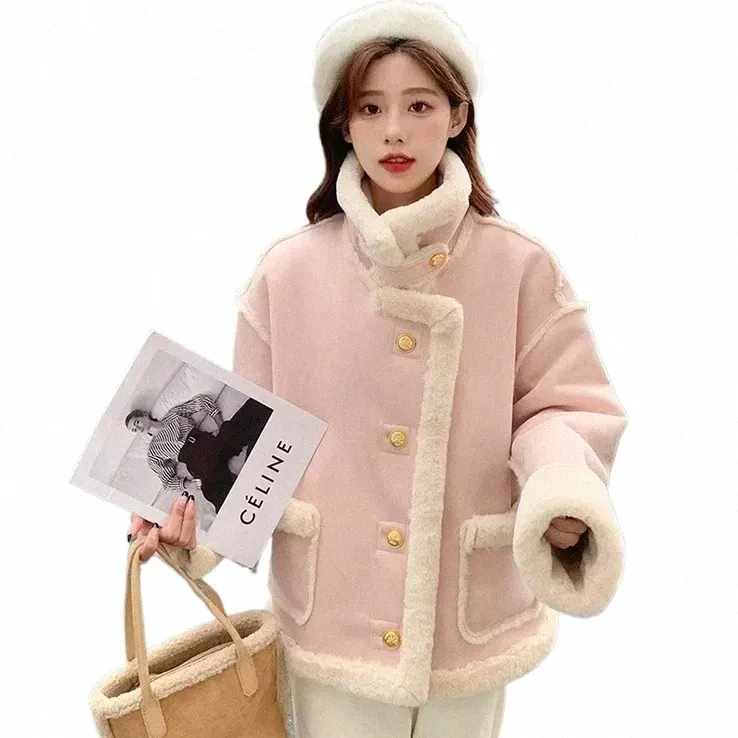 pink Sherpa Cmere Jacket Ladies Short Winter Fur Solid Color Loose Stitching Lg Sleeve Small Korean Style Thickening New P9l2#