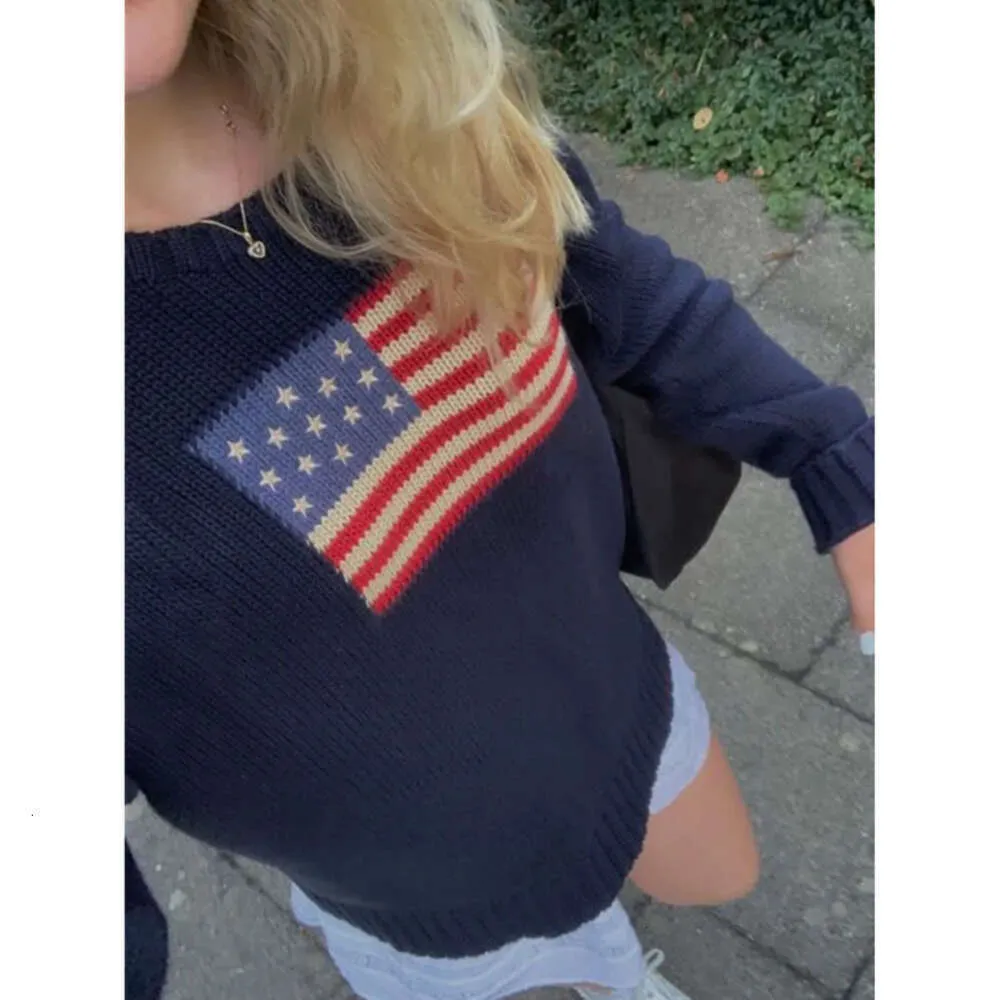 Tröjor kvinnors amerikanska flagga stickade kvinnor vinter vintage dam tröja estetik långärmad överdimensionerad pullover toppar kläder 24s