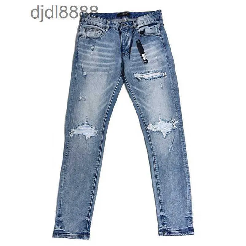 Calças de grife masculinas Off Amira Jeans Low Rise Slim Fit Stretch Versão Trendy Rasgado Perna Longa Mens