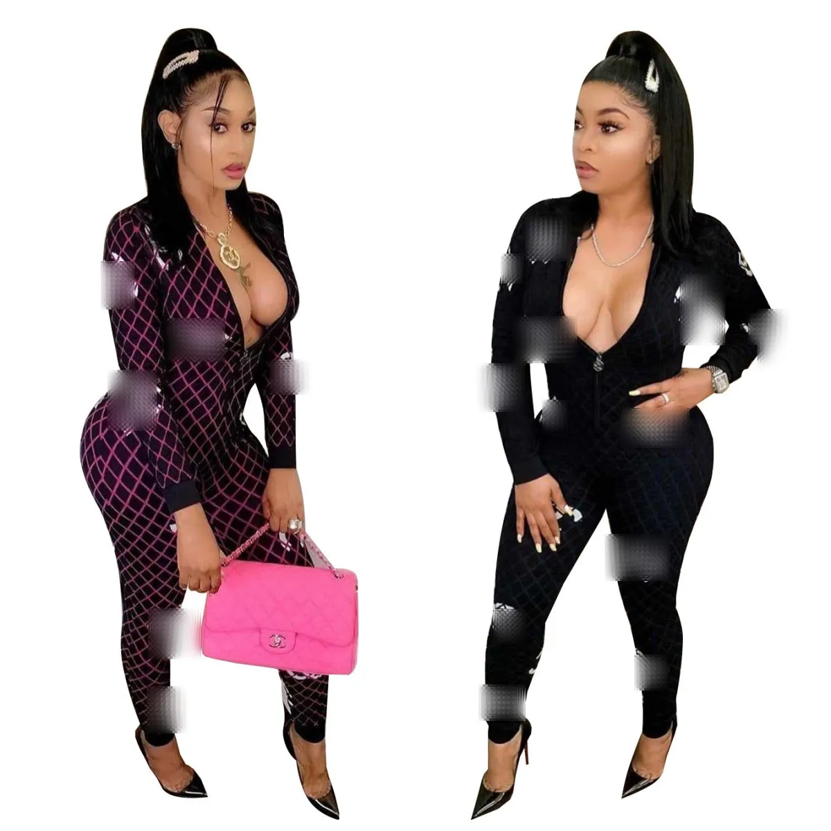 Zipper Tight Jumpsuits Rompers Women Designer Print Slim Long Playsuits Clubwear Free Ship