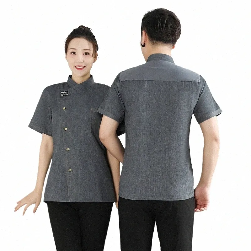 Uniforme de chef pour hommes, chemise de cuisine d'hôtel, chemise de cuisine de restaurant, veste de cuisinier, café, boulangerie, vêtements de travail, salopette de restauration d'été m4z6 #