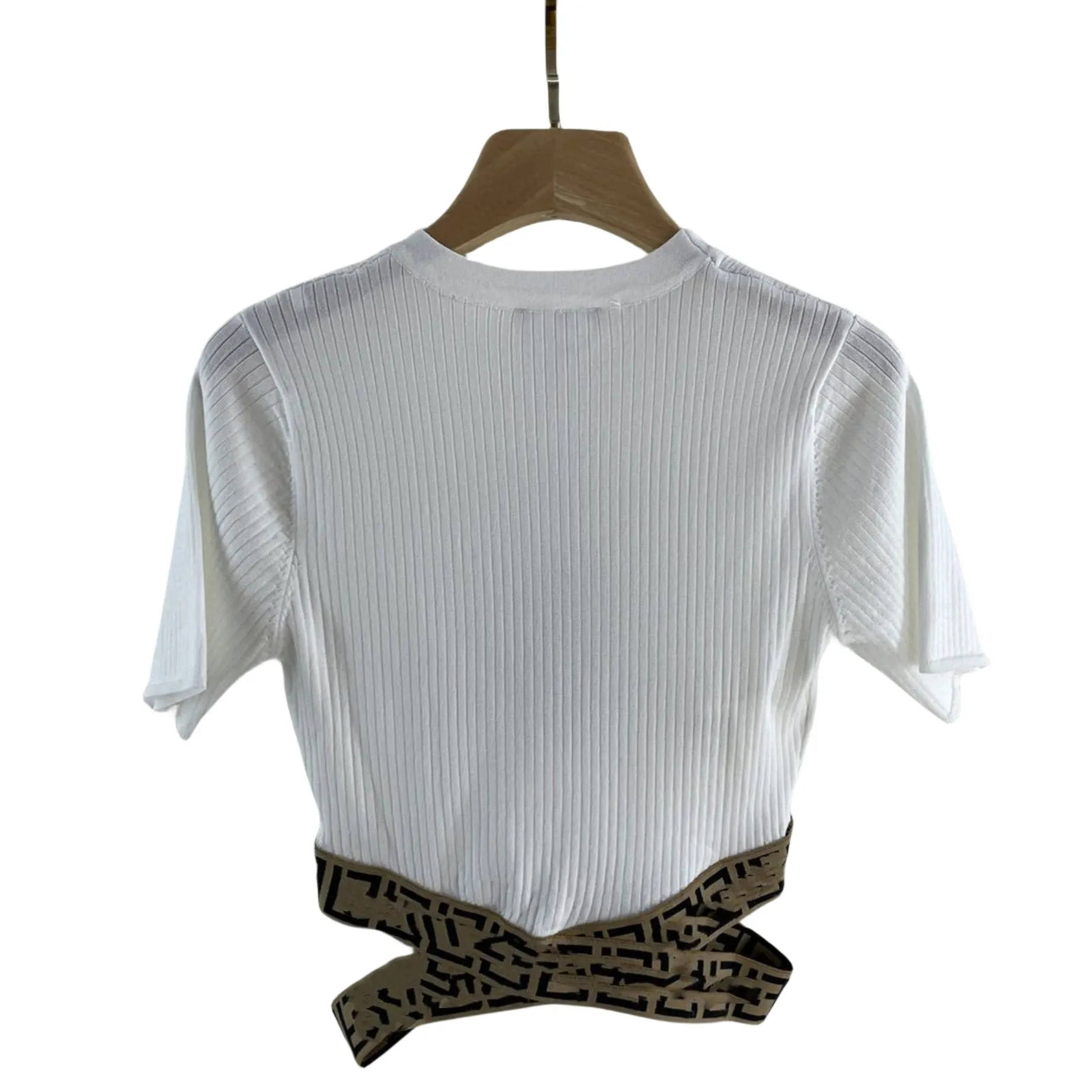 Neues Design für Damen, O-Ausschnitt, Buchstabendruck, Kreuzverband, sexy, kurze Strick-T-Shirts mit hoher Taille