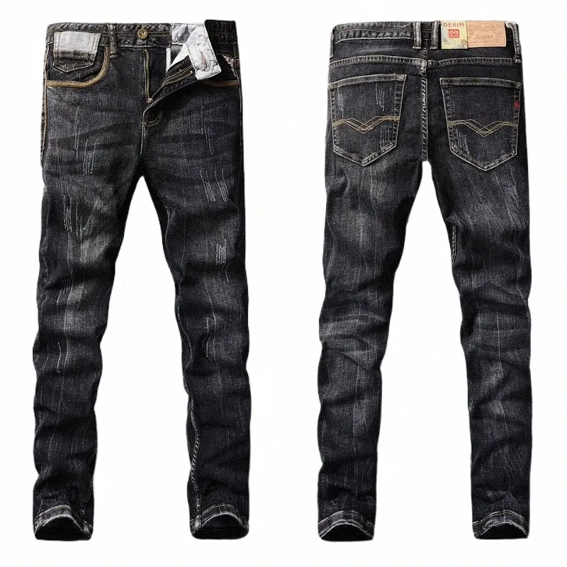 Fi Designer Männer Jeans Retro Schwarz Grau Elastic Slim Fit Zerrissene Jeans Männer Cott Hosen Vintage Casual Denim Hosen Hombre A57h #