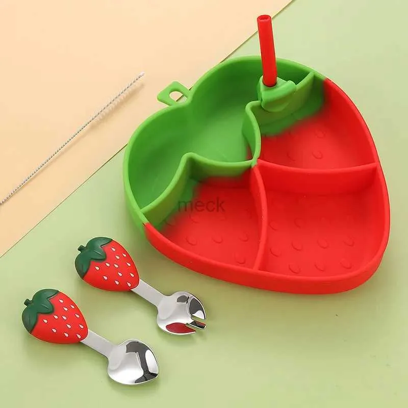 Tasses Vaisselles Ustensiles Bébé Coffre-fort Assiette À Manger En Silicone Aspiration Fraise Enfants Plats Alimentation Enfant Formation Vaisselle Dessin Animé Enfants Assiette Ensemble 240329