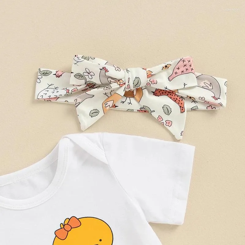 Giyim Setleri Bebek Bebek Kız Yaz Kıyafetleri Civciv Baskı Kısa Kollu Romper Elastik Bel Çiçek Pantolon Kafa Bandı Toddler 3 Parça Set