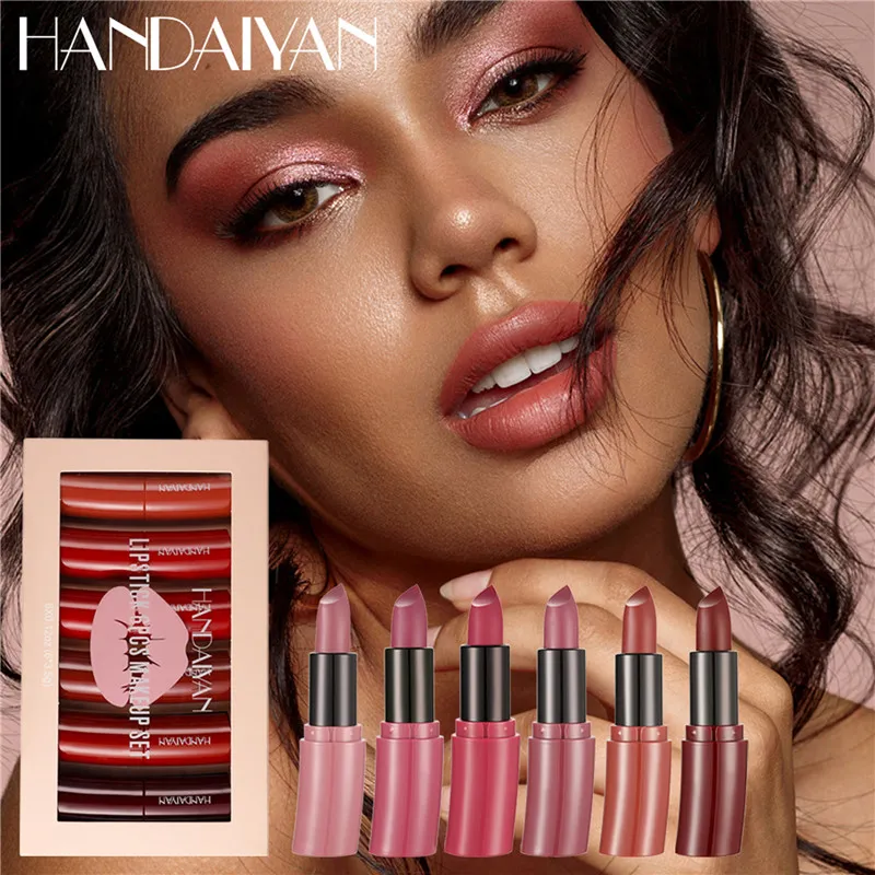 HANDAIYAN Gebogenes Nude-Matt-Lipgloss-Set, wasserfest, langanhaltend, feuchtigkeitsspendend, flüssiger Lippenstift, Lippen-Make-up, Kosmetik, 6 Stück/Set