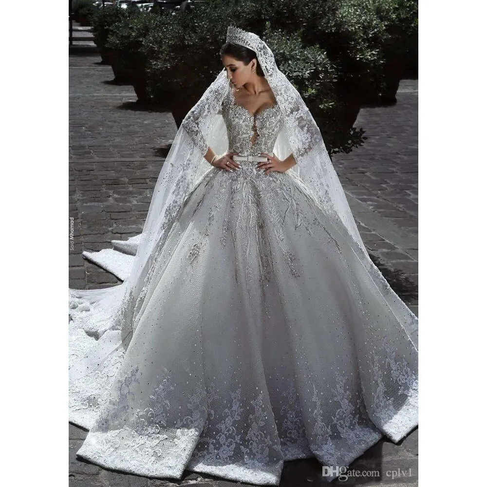 Светлое шампанское с V-образным вырезом и кристаллами, кружевное бальное свадебное платье, мусульманское свадебное платье с длинными рукавами и открытой спиной, большие размеры, настоящие фотографии