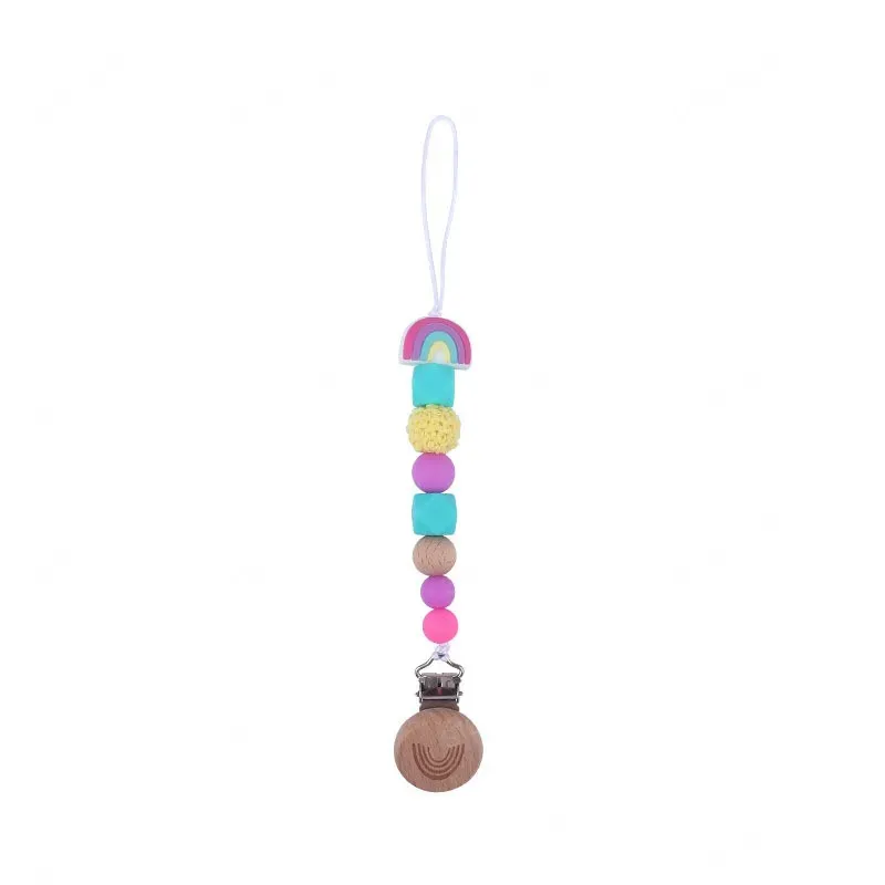 Baby Pacifier Chain Holders Infant Cartoon Beech Rainbow Pacifiers Clips Newborn Feeding Natural Wooden Silicone Beads Teething Teeth Practice Toys