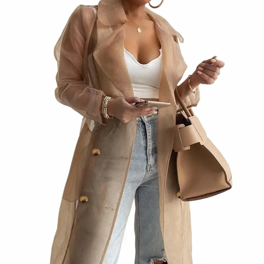 women Organza See Though Sunscreen Lg Sleeve Trench Summer Autumn Fi Double Breasted Lg Coat With Belted Tops Outwear A0XQ#