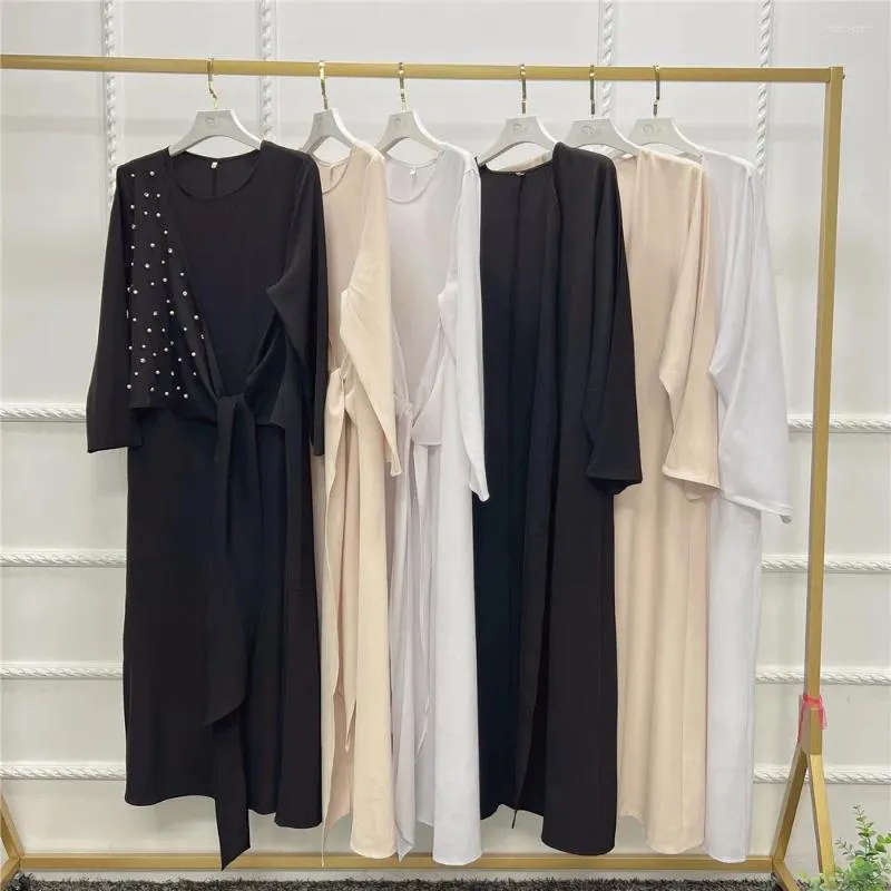 Vêtements ethniques 2 pièces Abaya Set Ramadan Eid Perles islamiques Femme musulmane Tenues assorties Kimono Robe à manches longues Robe de Dubaï Caftan