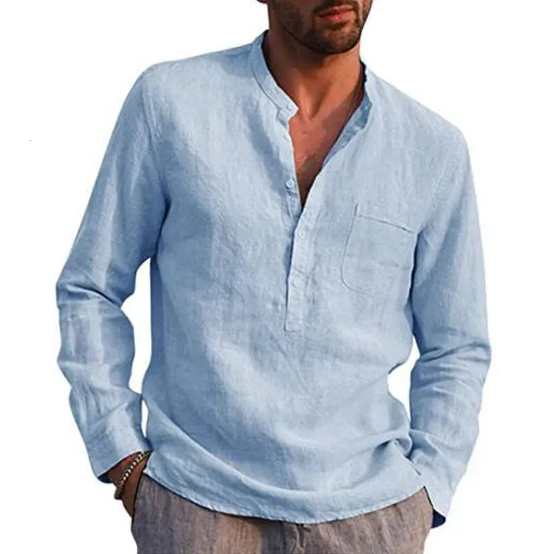 S-5XL Camicia in cotone e lino a maniche lunghe girocollo Uomo estivo semplice camicetta semplice abbottonata Top taglie forti 240320